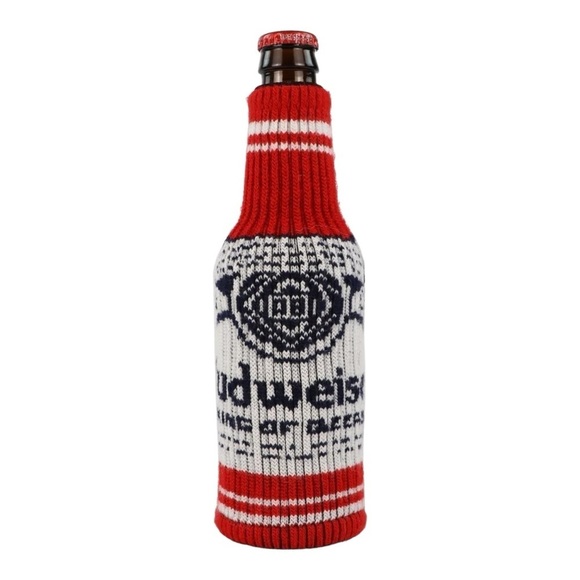 Budweiser Vintage Knit Red White Sweater Bottle Sleeve‎ Koozie Beer Collectible - Picture 1 of 3